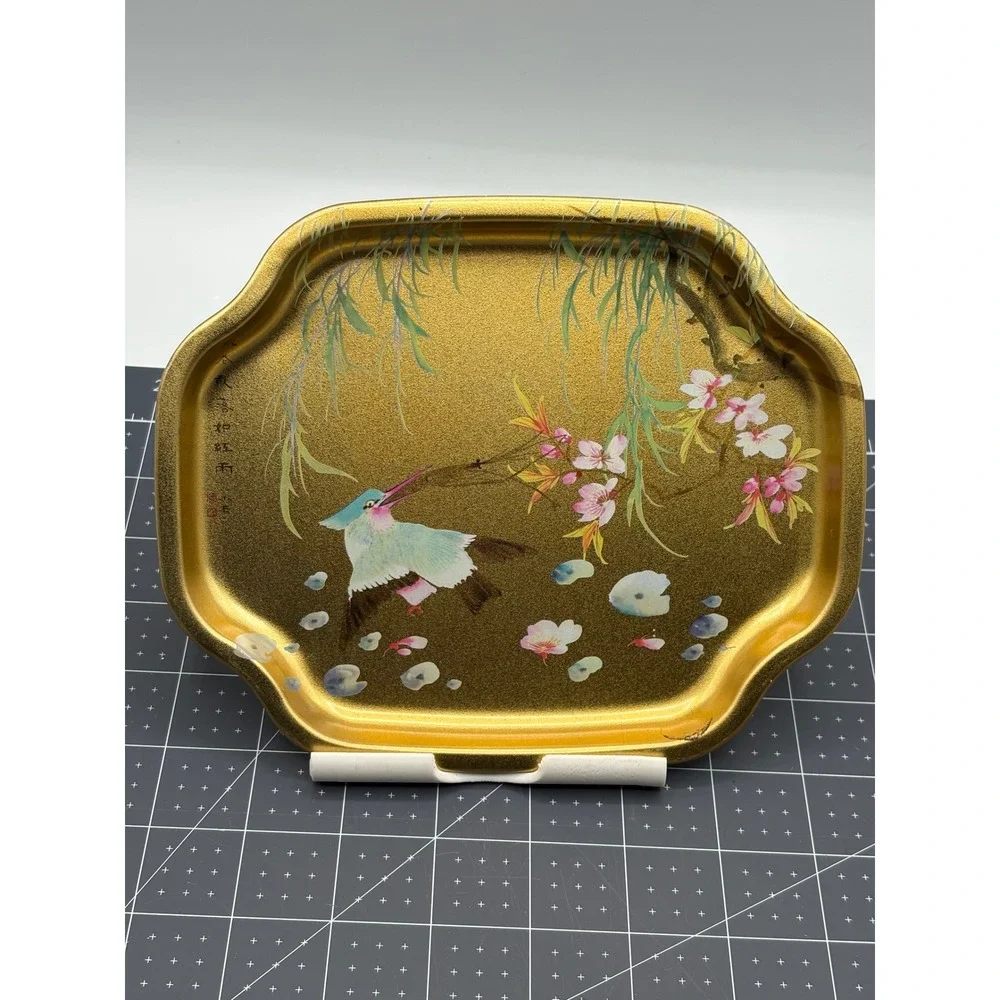 Vintage Elite Trays England Gold Metal Bird Floral Chinoiserie Mini Trays Set 2